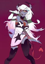 Rule 34 | 1girl, boots, demon girl, demon horns, demon tail, dress, helluva boss, highres, holding, holding microphone, horns, long hair, looking at viewer, microphone, pencil dress, solo, tail, thigh boots, verosika mayday, white hair, wraith615