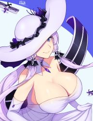 Rule 34 | 1girl, aircraft, airplane, azur lane, band-width, biplane, blue eyes, breasts, cleavage, commentary request, dress, elbow gloves, fairey swordfish, gloves, hat, hat over one eye, highres, huge breasts, illustrious (azur lane), long hair, looking down, mole, mole under eye, one eye covered, parted lips, purple hair, signature, smile, solo, sun hat, very long hair, white dress, white gloves, white hat