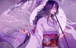 Rule 34 | 1girl, artist name, braid, breasts, cleavage, commentary, english commentary, fingernails, holding, holding umbrella, japanese clothes, kimono, large breasts, long fingernails, long hair, long sleeves, looking at viewer, nail polish, obi, obiage, obijime, open mouth, parted lips, purple background, purple eyes, purple hair, purple nails, raiden shogun, sash, simple background, solo, tassel, tree, umbrella, vacuumchan, wide sleeves
