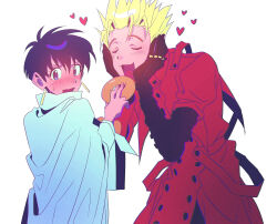 Rule 34 | 1boy, 1girl, black hair, blonde hair, blue eyes, blush, cape, closed eyes, couple, doughnut, earrings, embarrassed, food, heart, highres, hyang sook, jewelry, meryl stryfe, open mouth, ring, short hair, simple background, trigun, vash the stampede, white background, white cape
