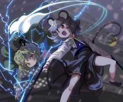 Rule 34 | 2girls, animal ears, basket, brown eyes, capelet, dress, electricity, female focus, green hair, grey hair, hat, jewelry, mouse (animal), mouse ears, mouse tail, multiple girls, nazrin, open mouth, pendant, petals, red eyes, short hair, smile, soga no tojiko, syope, tail, tate eboshi, touhou
