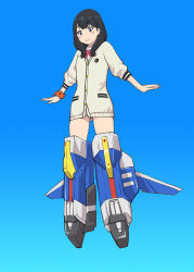 Rule 34 | 3:, black hair, blue background, blue eyes, blush stickers, bow, bowtie, cardigan, closed mouth, commentary request, flying, full body, gluteal fold, gradient background, grey cardigan, gridman universe, highres, long hair, long sleeves, looking down, mecha musume, no pants, panties, pantyshot, red bow, red bowtie, school uniform, scrunchie, solo, ssss.gridman, strike witches, takarada rikka, ueyama michirou, underwear, white panties, world witches series, wrist scrunchie