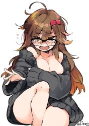 Rule 34 | 10s, 1girl, ahoge, arm under breasts, artist name, bare legs, bare shoulders, black-framed eyewear, blush, bow, breasts, brown eyes, brown hair, cleavage, commentary request, embarrassed, fate/extra, fate/extra ccc, fate (series), glasses, grey sweater, hair between eyes, hair bow, jinako carigiri, knees up, large breasts, long hair, long sleeves, looking at viewer, messy hair, naked sweater, off-shoulder, off-shoulder sweater, off shoulder, open mouth, reaching, reaching towards viewer, red bow, simple background, sitting, sketch, solo, sweatdrop, sweater, thick eyebrows, very long hair, white background, yuzuki gao