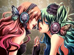 Rule 34 | 2girls, black gloves, black hat, blue eyes, blue hair, bow, closed eyes, fingerless gloves, frills, from side, gloves, green hair, green nails, hair bow, hat, hatsune miku, headphones, long hair, magnet (vocaloid), megurine luka, mini hat, multicolored hair, multiple girls, nail polish, open mouth, red hair, red lips, strapless, tsurumi (pixiv233690), two-tone hair, two side up, vocaloid, yuri