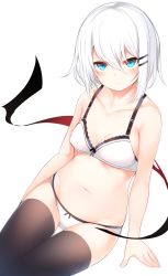 Rule 34 | 1girl, bare arms, bare shoulders, black thighhighs, blue eyes, blush, bra, breasts, collarbone, expressionless, hair between eyes, hair ornament, hairclip, highres, looking at viewer, medium breasts, navel, original, otokuyou, panties, ringo-chan (otokuyou), short hair, sitting, solo, stomach, thigh gap, thighhighs, underwear, underwear only, white bra, white hair, white panties
