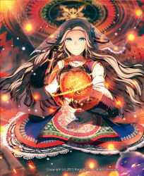 Rule 34 | :|, blue eyes, brown gloves, closed mouth, company name, dated, dress, floral print, flower, gloves, hair flower, hair ornament, hand up, indoors, kyousin, light brown hair, long hair, long sleeves, looking at viewer, lord of knights, official art, orb, potion, solo, veil, very long hair, watermark, wide sleeves