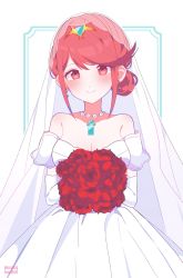Rule 34 | bouquet, breasts, bridal gauntlets, bridal veil, bride, chest jewel, dress, flower, frills, highres, holding, holding bouquet, kotohatoko510, large breasts, pyra (xenoblade), red eyes, red hair, short hair, solo, swept bangs, veil, wedding dress, white dress, xenoblade chronicles (series), xenoblade chronicles 2