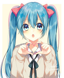 Rule 34 | 1girl, absurdres, bad id, bad pixiv id, black ribbon, blue eyes, blue hair, blush, bow, collared shirt, hair bow, hair ornament, hatsune miku, heart, heart-shaped pupils, heart hair ornament, highres, kaname monika, long hair, long sleeves, neck ribbon, open mouth, pink bow, ribbon, shirt, signature, simple background, solo, sweater, symbol-shaped pupils, tareme, twintails, upper body, vocaloid, wing collar, yellow background
