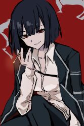 1girl black_hair bob_cut cigarette coat collarbone collared_shirt e.g.o_(project_moon) highres jacket limbus_company long_sleeves looking_at_viewer pants project_moon red_background red_eyes red_eyes_(e.g.o) ryoshu_(project_moon) sammy_prmn shirt short_hair simple_background smile smoking solo white_shirt