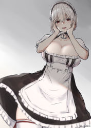 Rule 34 | 1girl, azur lane, bad id, bad pixiv id, blush, breasts, cleavage, collarbone, dress, hairband, hand on own head, highres, kukikomori, large breasts, looking at viewer, maid, maid headdress, open mouth, red eyes, short hair, simple background, sirius (azur lane), solo, thighhighs, tongue, tongue out, white hair, yandere trance