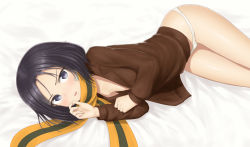 Rule 34 | 1girl, bandaid, bed, black hair, blue eyes, blush, breasts, highres, kanno naoe, looking at viewer, open mouth, panties, sc naru, scarf, small breasts, solo, strike witches, underwear, white panties, world witches series