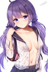 Rule 34 | 1girl, ahoge, azur lane, blouse, blush, breasts, collarbone, head tilt, highres, long hair, long sleeves, looking at viewer, low twintails, no bra, open clothes, open shirt, pleated skirt, purple eyes, purple hair, ribbon, sailor collar, school uniform, shirt, signature, simple background, skirt, solo, twintails, unicorn (azur lane), very long hair, wet, wet clothes, white shirt, wsman