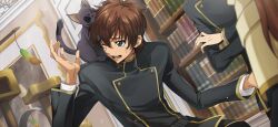 Rule 34 | &gt; &lt;, 1girl, 2boys, animal, animal on shoulder, arthur (code geass), artist request, belt, biting, black jacket, book, bookshelf, brown hair, buttons, cat, cat teaser, cat tower, code geass, code geass: lost stories, day, double-breasted, dutch angle, game cg, green eyes, hand up, head biting, highres, indoors, jacket, kururugi suzaku, layered sleeves, lelouch vi britannia, long sleeves, male focus, multiple boys, non-web source, official art, one eye closed, open mouth, school uniform, shirley fenette, short hair, sidelocks, solo focus, sparkle, sweat, teeth, upper body, wince
