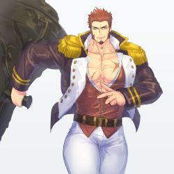 Rule 34 | 1boy, abs, alternate pectoral size, bara, beard, belt, blue eyes, brown hair, cannon, collar, epaulettes, facial hair, fate/grand order, fate (series), fringe trim, goatee, highres, huge weapon, jacket, large pectorals, long sideburns, long sleeves, looking at viewer, pectoral cleavage, male focus, mashiro (sora1031), military, military uniform, muscular, napoleon bonaparte (fate), open clothes, open jacket, open shirt, pants, pectorals, scar, sideburns, smile, solo, thick thighs, thighs, tight clothes, unbuttoned, uniform, weapon, white background, white pants