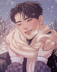 Rule 34 | 1boy, autumn, black hair, blush, grey eyes, hands up, kang dooshik, long hair, looking at another, open mouth, pearl boy, smile, snow, solo