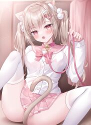 Rule 34 | 1girl, animal ear fluff, animal ears, blush, bow, brown hair, cardigan, cat ears, cat girl, cat tail, collar, commentary request, fang, feet out of frame, food-themed hair ornament, hair ornament, hairclip, hand up, head tilt, highres, holding, holding leash, kohinata hoshimi, leash, long hair, long sleeves, looking at viewer, no panties, open mouth, original, partially visible vulva, pink bow, pink collar, pink sailor collar, pink skirt, pleated skirt, red eyes, sailor collar, shirt, skirt, sleeves past wrists, solo, strawberry hair ornament, tail, tail censor, twintails, very long hair, white cardigan, white shirt