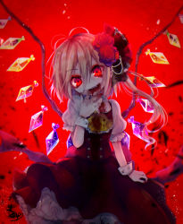 Rule 34 | 1girl, blonde hair, blood, blood from mouth, blood on face, bracelet, dress, fang, fangs, finger to mouth, flandre scarlet, fua yuu, highres, jewelry, looking at viewer, red background, red dress, red eyes, short hair, smile, touhou, vampire, wings
