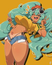 1girl ahoge alternate_breast_size aqua_eyes aqua_hair bouncing_breasts bracelet brazilian_miku breasts denim denim_shorts double_v earrings eyebrows_hidden_by_hair eyewear_on_head flower hair_between_eyes hair_flower hair_ornament hatsune_miku highres jewelry jumping large_breasts long_hair looking_at_viewer navel notice_lines ryou_sakai shirt short_shorts shorts signature simple_background smile solo stomach_tattoo sunglasses tan tanline tattoo thick_thighs thighs twintails underboob v very_long_hair vocaloid yellow_background yellow_shirt