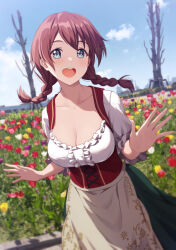 Rule 34 | 1girl, :d, aqua eyes, bare tree, blue sky, braid, breasts, brown hair, cleavage, collarbone, corset, dated, day, dress, emma verde, flower, frilled dress, frills, garden, german clothes, hands up, highres, large breasts, looking at viewer, love live!, love live! nijigasaki high school idol club, open hands, open mouth, outdoors, puffy short sleeves, puffy sleeves, shamakho, short sleeves, signature, sky, smile, solo, tree, twin braids