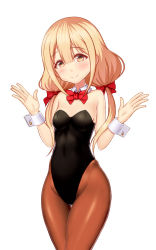 Rule 34 | 1girl, bare shoulders, black leotard, blonde hair, blunt bangs, blush, bow, bowtie, breasts, brown eyes, brown pantyhose, closed mouth, commentary request, covered navel, cowboy shot, futaba anzu, hair between eyes, hair bow, head tilt, highleg, highleg leotard, highres, idolmaster, idolmaster cinderella girls, leotard, looking at viewer, low twintails, pantyhose, playboy bunny, red bow, red bowtie, small breasts, smile, solo, standing, taka (takahirokun), thigh gap, twintails, wide hips, wrist cuffs