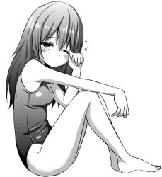 Rule 34 | 1girl, blush, breasts, greyscale, long hair, monochrome, one-piece swimsuit, rubbing eyes, school swimsuit, simple background, solo, swimsuit, white background, zaxwu