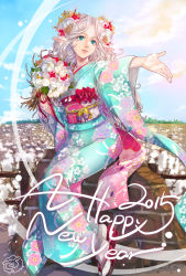 Rule 34 | 10s, 1girl, 2015, absurdres, animal ears, bouquet, curly hair, flower, furisode, green eyes, hair flower, hair ornament, happy new year, highres, japanese clothes, kimono, light smile, long hair, nengajou, new year, original, outstretched arm, parted lips, sheep, sheep ears, sheep girl, sitting, sky, solo, white hair, yuho (u yuho)