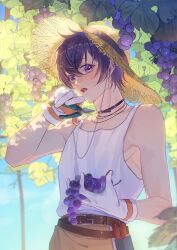 Rule 34 | 1boy, belt, brown pants, collar, earrings, food, fruit, gloves, grapes, hat, highres, holding, holding food, holding fruit, indie virtual youtuber, jewelry, male focus, open mouth, pants, purple eyes, purple hair, rr ayan, short hair, shoto (vtuber), solo, tank top, virtual youtuber, white gloves, white tank top