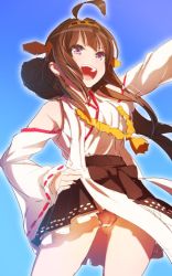 Rule 34 | 10s, 1girl, bare shoulders, blue eyes, blush, breasts, brown hair, detached sleeves, double bun, hair ornament, hairband, headgear, highres, japanese clothes, kantai collection, kongou (kancolle), long hair, nontraditional miko, open mouth, panties, pantyshot, personification, pink panties, shiba nanasei, skirt, smile, solo, underwear, upskirt