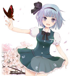 Rule 34 | 1girl, bad id, bad pixiv id, bow, bowtie, bug, butterfly, cherry blossoms, cowboy shot, dutch angle, female focus, frills, hair ribbon, hairband, bug, konpaku youmu, looking at viewer, open mouth, outstretched arm, petals, puffy sleeves, ribbon, saiga yuu, short hair, short sleeves, grey eyes, silver hair, skirt, solo, standing, touhou, tree, vest, white background