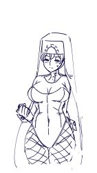 Rule 34 | 184nx, 1girl, blush, breasts, cleavage, covered navel, double (skullgirls), closed eyes, fishnets, highres, large breasts, leotard, lineart, nun, skullgirls, solo, sweatdrop, white background, wrist cuffs