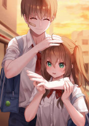 Rule 34 | 1boy, 1girl, ahoge, bag, bag charm, bandaid, bandaid on arm, bandaid on face, blush, bookbag, charm (object), crying, crying with eyes open, facing viewer, green eyes, hands up, highres, long hair, original, outdoors, red neckwear, school uniform, shirt, short sleeves, sunset, tears, unjem, white shirt
