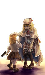 Rule 34 | 2girls, absurdres, aged down, black bow, blonde hair, bow, collared shirt, commentary, dual persona, eye contact, glowing, gun, hair ornament, handgun, hat, headpat, highres, holding, holding gun, holding weapon, hololive, hololive english, jacket, looking at another, magnifying glass, multiple girls, necktie, plaid, plaid skirt, pocket watch, red neckwear, shirt, shoes, simple background, skirt, socks, thighhighs, time paradox, virtual youtuber, vyragami, watch, watson amelia, weapon, white background, zettai ryouiki