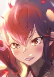 Rule 34 | 1girl, anna (fire emblem), blush, commentary, commentary request, english commentary, fadingzz, fire emblem, fire emblem awakening, grin, highres, mixed-language commentary, nintendo, pixiv id, popped collar, portrait, red eyes, red hair, sidelocks, signature, smile, solo, teeth