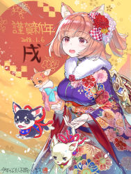 Rule 34 | 1girl, animal, animal ears, bell, black choker, blush, breasts, brown eyes, brown hair, chihuahua, chinese zodiac, choker, clothed animal, commentary request, dog ears, fingernails, floral print, flower, fur collar, hair flower, hair ornament, japanese clothes, jingle bell, kimono, large breasts, long sleeves, nengajou, new year, obi, open mouth, original, pink kimono, print kimono, purple kimono, red flower, sanbasou, sash, solo, teeth, translation request, upper teeth only, wide sleeves, year of the dog