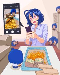 Rule 34 | 1girl, ahoge, blue hair, box, burger, cardboard box, cellphone, character doll, collarbone, collared shirt, crying, crying with eyes open, fang, food, french fries, grey shirt, hcnone, highres, holding, holding phone, long sleeves, open mouth, original, phone, pink eyes, pixel art, shirt, short hair, skye (hcnone), smartphone, solo, tears