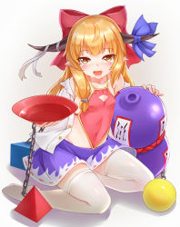 Rule 34 | 1girl, :d, alcohol, bare shoulders, blonde hair, blue ribbon, blush, bow, breasts, chain, chinese clothes, collarbone, covered navel, cube, cup, dudou, fang, full body, gourd, gradient background, grey background, groin, hair bow, heart, heart-shaped pupils, highres, holding, holding cup, horn ornament, horn ribbon, horns, ibuki suika, long hair, looking at viewer, miniskirt, no shoes, off shoulder, oni, oni horns, open clothes, open mouth, open shirt, orb, pointy ears, purple skirt, pyramid (structure), red bow, red eyes, ribbon, sakazuki, sake, shadow, shirt, sidelocks, sitting, skirt, small breasts, smile, solo, symbol-shaped pupils, thighhighs, thighs, touhou, wariza, white background, white ribbon, white shirt, white thighhighs, yangshangshu, zettai ryouiki