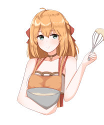 Rule 34 | 1girl, apron, blonde hair, breasts, chirun0, fiora (xenoblade), green eyes, highres, holding, holding whisk, long hair, medium breasts, nintendo, simple background, smile, solo, upper body, whisk, white background, xenoblade chronicles 1, xenoblade chronicles (series)