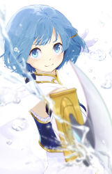 Rule 34 | 1girl, aiming, aiming at viewer, blue eyes, blue hair, blurry, blurry foreground, blush, cape, closed mouth, commentary request, depth of field, dot nose, floating hair, frills, gloves, hair ornament, hairclip, hand up, high collar, highres, holding, holding sword, holding weapon, light smile, looking at viewer, mahou shoujo madoka magica, mahou shoujo madoka magica (anime), miki sayaka, miki sayaka (magical girl), outstretched arm, shaded face, short hair, simple background, solo, strapless, sword, un nm5sy, upper body, v-shaped eyebrows, water, water drop, weapon, white background, white cape, white gloves