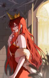 Rule 34 | 1girl, absurdres, bare shoulders, bug, butterfly, crown, dress, earrings, feather boa, heart, hearts (i became a god in a horror game), highres, insect, jewelry, long hair, procreate (medium), profile, purple eyes, red dress, red hair, red lips, solo, weichenhuanxiaobai