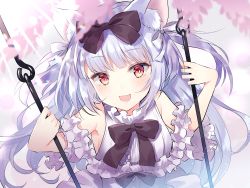 Rule 34 | 1girl, :d, animal ears, azur lane, bare shoulders, black bow, blurry, blurry foreground, bow, breasts, cat ears, center frills, commentary request, depth of field, dress, fang, frills, hair bow, highres, holding, long hair, looking at viewer, medium breasts, myusha, off-shoulder dress, off shoulder, open mouth, red eyes, silver hair, smile, solo, two side up, very long hair, white bow, white dress, yukikaze (azur lane), yukikaze (sovereign of the swing) (azur lane)