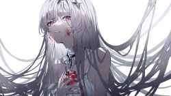 Rule 34 | 1girl, apple, bare shoulders, blood, blood on face, blood on hands, cg gs6, collar, commentary request, earrings, food, frilled collar, frills, fruit, grey hair, hair between eyes, hair ornament, highres, holding, indie virtual youtuber, jewelry, long hair, looking at viewer, nail polish, parted lips, red eyes, shirt, simple background, sleeveless, sleeveless shirt, solo, upper body, very long hair, white background, white hair, white shirt