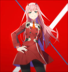 Rule 34 | 10s, 1girl, black pantyhose, breasts, closed mouth, darling in the franxx, dress, fingernails, green eyes, hakusai (tiahszld), hand on own hip, horns, long hair, looking at viewer, nail polish, pantyhose, pink hair, pink nails, red background, red dress, small breasts, smile, solo, very long hair, zero two (darling in the franxx)
