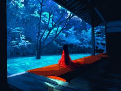 Rule 34 | 1girl, akino sora, blue theme, facing away, from side, japanese clothes, kimono, limited palette, long hair, long sleeves, original, outdoors, porch, red kimono, sitting, solo, tree, very long hair