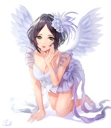 Rule 34 | 10s, 1girl, absurdres, all fours, black hair, breasts, cleavage, collarbone, dress, feathered wings, flower, full body, hair flower, hair ornament, hayami kanade, highres, idolmaster, idolmaster cinderella girls, looking at viewer, mairo, medium breasts, parted bangs, parted lips, rose, shoes, short dress, short hair, sleeveless, sleeveless dress, smile, solo, white dress, white flower, white footwear, white rose, white wings, wings, yellow eyes