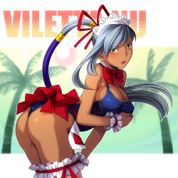 Rule 34 | 00s, 1girl, ass, breast hold, breasts, cleavage, code geass, dark skin, dark-skinned female, highres, large breasts, long hair, nekomata naomi, one-piece swimsuit, ponytail, silver hair, solo, swimsuit, thighhighs, villetta nu, yellow eyes