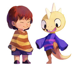 Rule 34 | 2others, androgynous, bluekomadori, brown hair, closed eyes, cosplay, costume switch, frisk (undertale), full body, long sleeves, looking down, monster kid (undertale), multiple others, open mouth, shirt, short hair, shorts, simple background, smile, standing, standing on one leg, striped clothes, striped shirt, tail, undertale, white background
