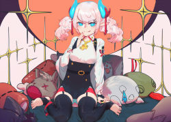 Rule 34 | 1girl, barefoot, black legwear, chiliarch (elsword), demon girl, demon horns, elsword, feet, hair ornament, hairclip, horns, licking lips, long sleeves, luciela r. sourcream, pointy ears, star-shaped pupils, star (symbol), stuffed animal, stuffed toy, symbol, symbol-shaped pupils, toeless legwear, toes, tongue, tongue out, twintails, yoni (zhang)