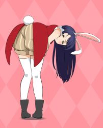 Rule 34 | 1girl, animal ears, argyle, argyle background, argyle clothes, bent over, blue hair, blush, boots, commentary request, from behind, full body, hair between eyes, highres, kimikagem9 (erementargerad), korekara no someday, long hair, looking at viewer, looking back, love live!, love live! school idol project, puffy shorts, rabbit ears, rabbit tail, red background, shorts, simple background, solo, sonoda umi, standing, tail, thighhighs, white thighhighs, yellow eyes, zettai ryouiki