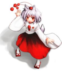 Rule 34 | 1girl, animal ears, clses, fang, female focus, foreshortening, from above, full body, geta, hat, inubashiri momiji, leaf, long sleeves, looking at viewer, maple leaf, open hands, open mouth, outstretched arms, pom pom (clothes), red eyes, shadow, short hair, skirt, smile, solo, tabi, tail, tokin hat, touhou, white background, white hair, wide sleeves, wolf ears, wolf tail