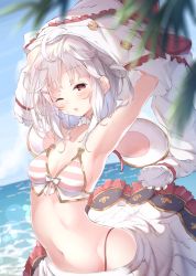 Rule 34 | 1girl, animal ears, barefoot, bikini, blunt bangs, blush, breasts, choker, collarbone, commentary request, eyewear on head, flower, frilled bikini, frills, granblue fantasy, hair flower, hair ornament, highres, looking at viewer, mouse ears, navel, open mouth, red eyes, short hair, silver hair, simple background, sitting, small breasts, smile, solo, star-shaped eyewear, star (symbol), stomach, striped bikini, striped clothes, sunglasses, swimsuit, toes, ukiwakisen, vikala (granblue fantasy), wariza, white background, white choker